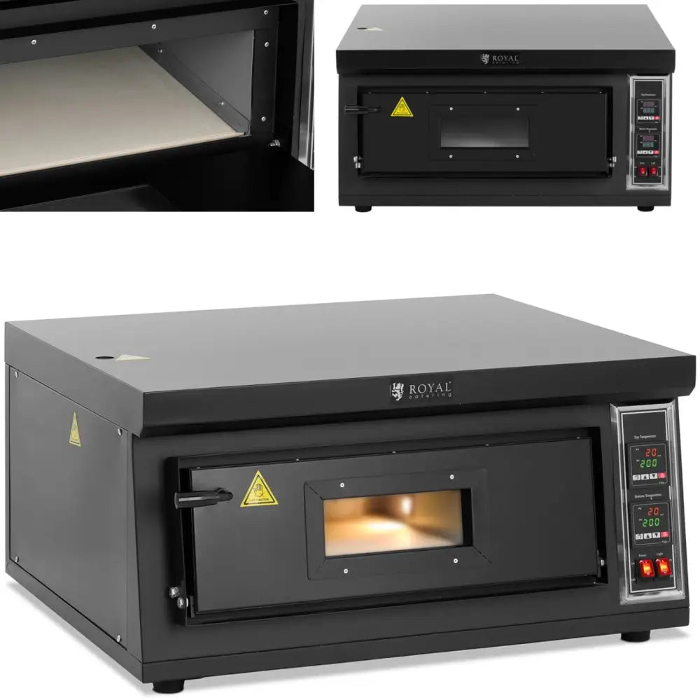 Professional pizzaovn med frontvindu, digitale kontroller og synlig steinplate, sett skrått forfra.