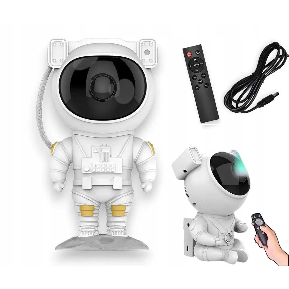 Projektorlampe Løve Hvit, astronautfigur med sort visir, projiserende lys, inkludert fjernkontroll og ledning.