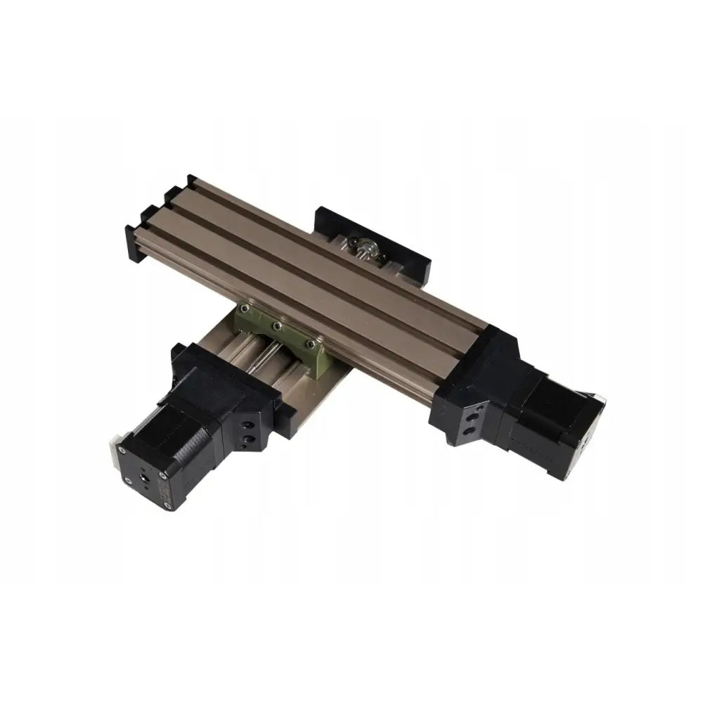 Proxxon Kt 70 kryssbord med brun og svart lineær føringsskinne, sett ovenfra med to motorenheter montert.