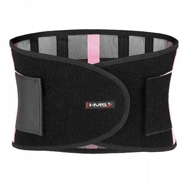 Stabiliserende belte fra HMS, sort med grå og rosa detaljer, frontvisning med synlig borrelåslukking og logo.