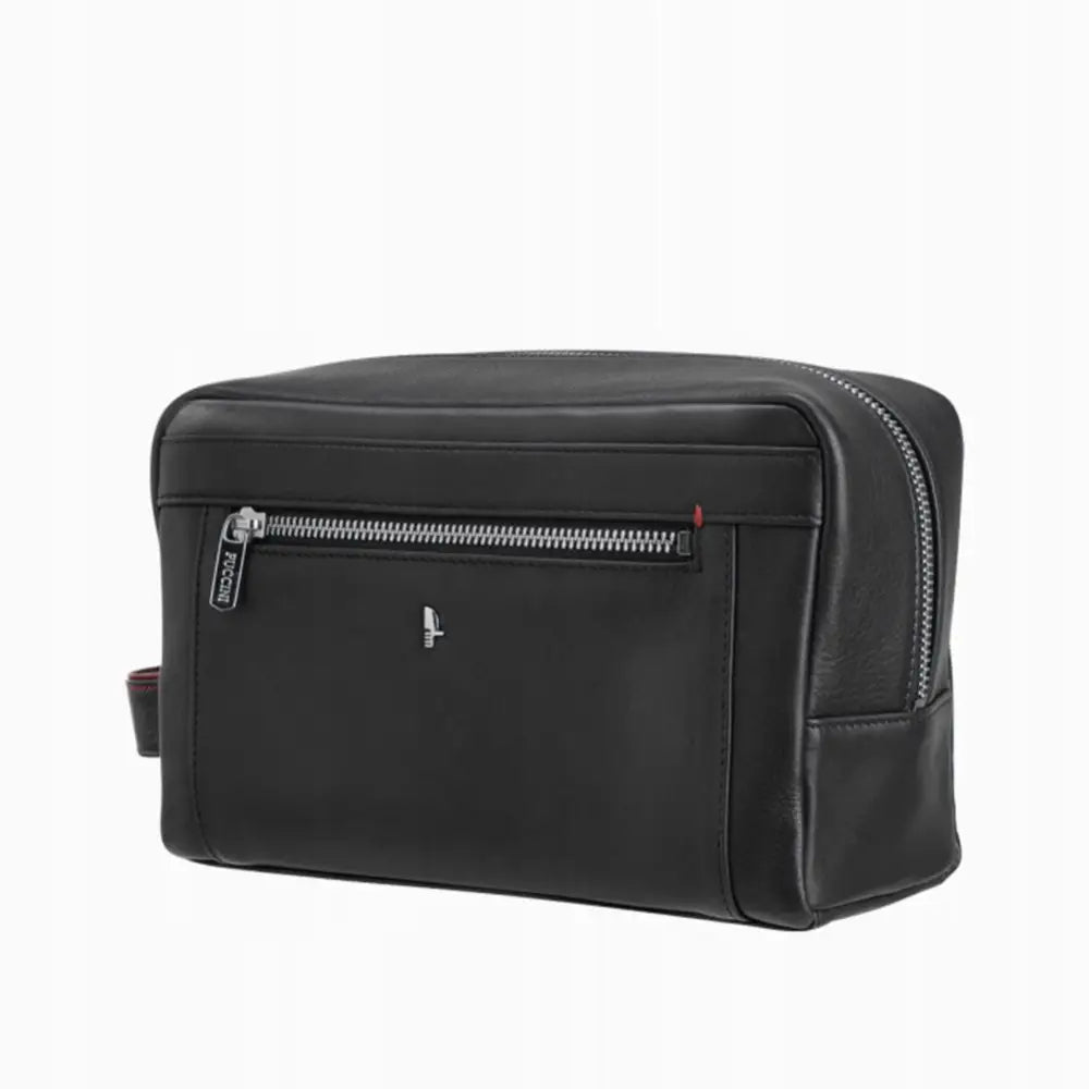 Puccini skinnkosmetikkpose i svart, skrå forsidevisning med glidelås, diskret logo og sidehåndtak.