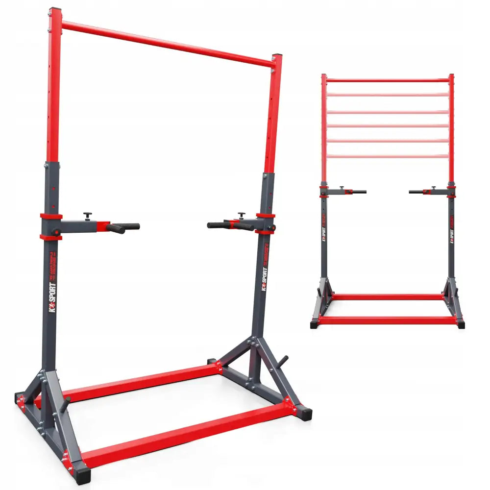 Pull-up bar fra Ksport, justerbart metallstativ med rød og grå finish, pullup-stang og dips-håndtak.