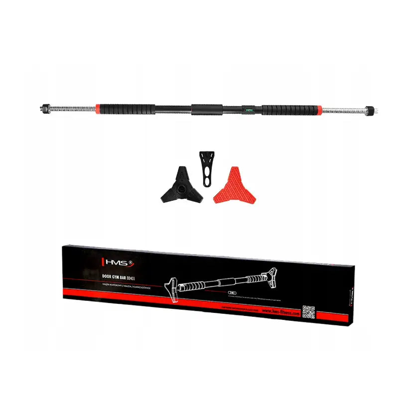 Pull up Stang HMS, sidevisning av justerbar metallstang med sorte og røde detaljer, monteringsdeler og eske.
