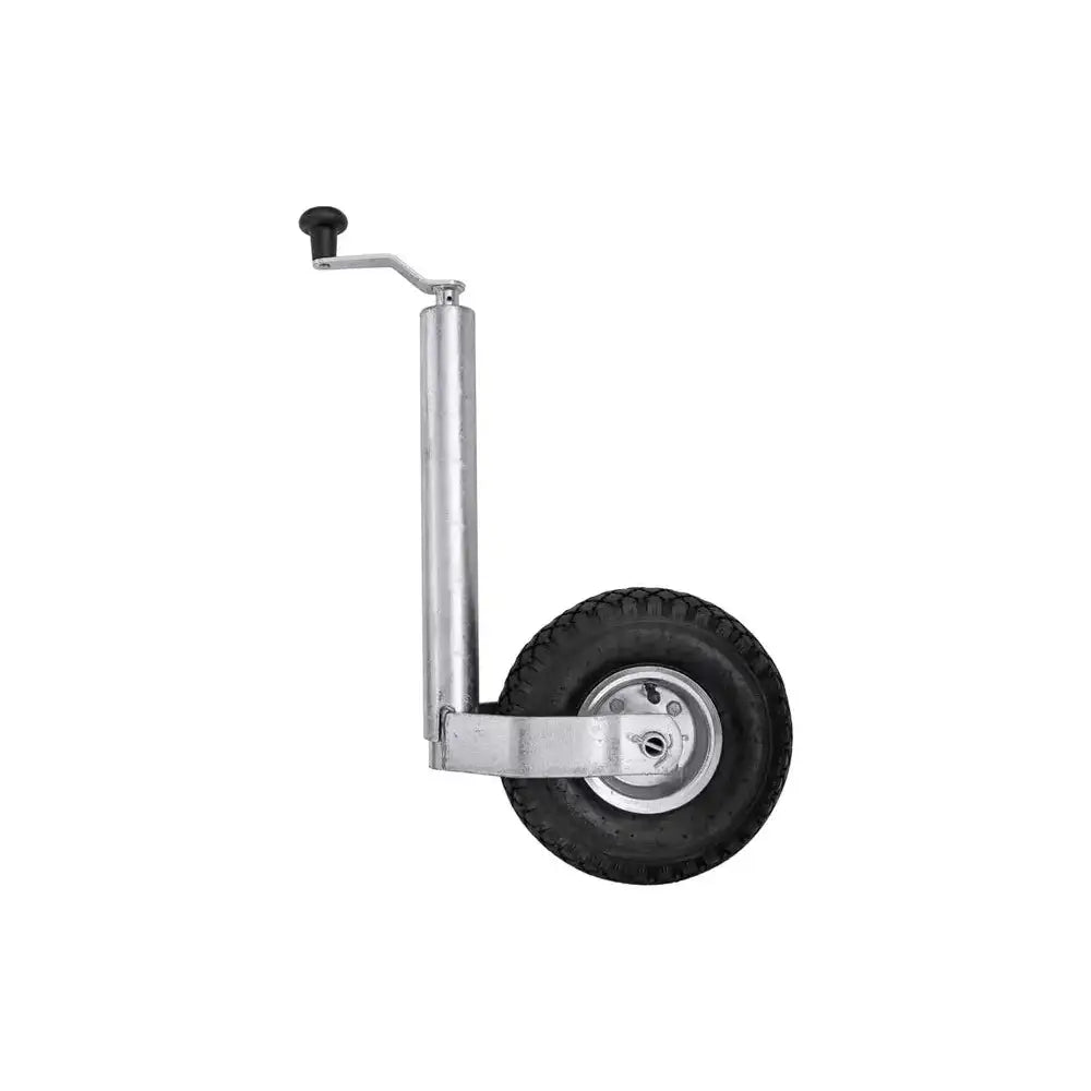 Pumpet støttehjul med sort gummidekk, sølv metallramme, håndtak og sveiv synlig fra siden.