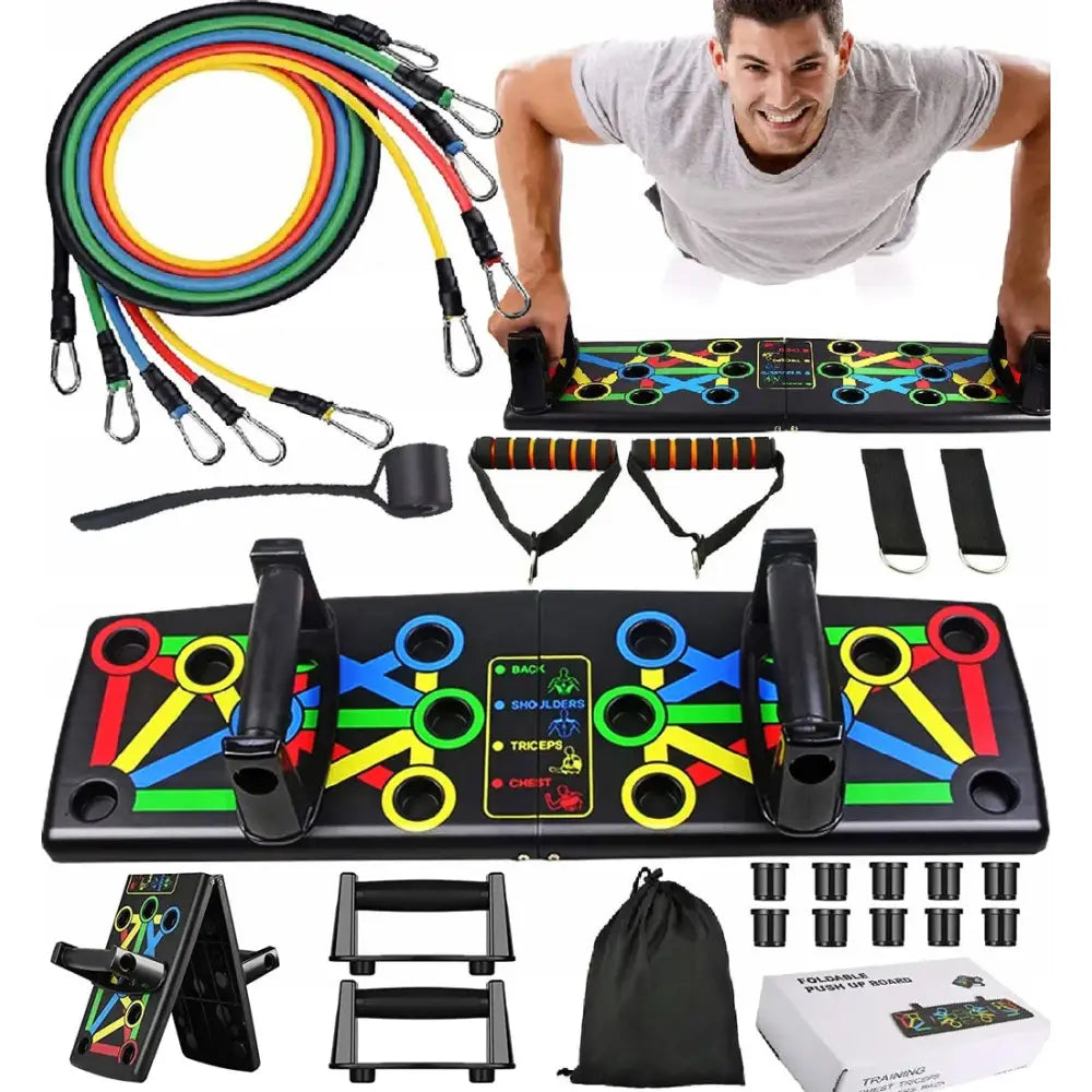 Push-up håndtak brett 14-i-1 med fargekodede spor, treningsstrikker, håndtak og bærepose, demonstrert i bruk.