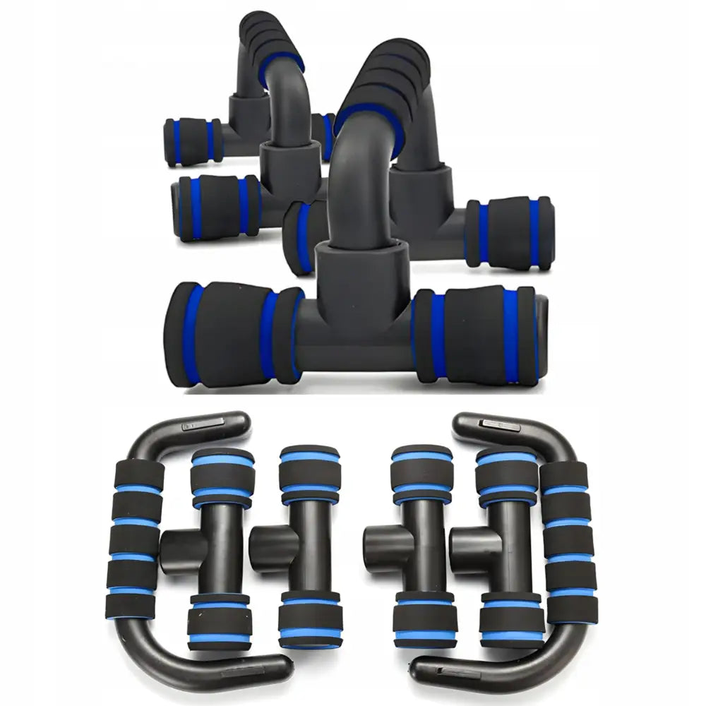 Push up-håndtak i sort og blå plast, sett både samlet og adskilt med myke skumgrep, front- og toppvisning.