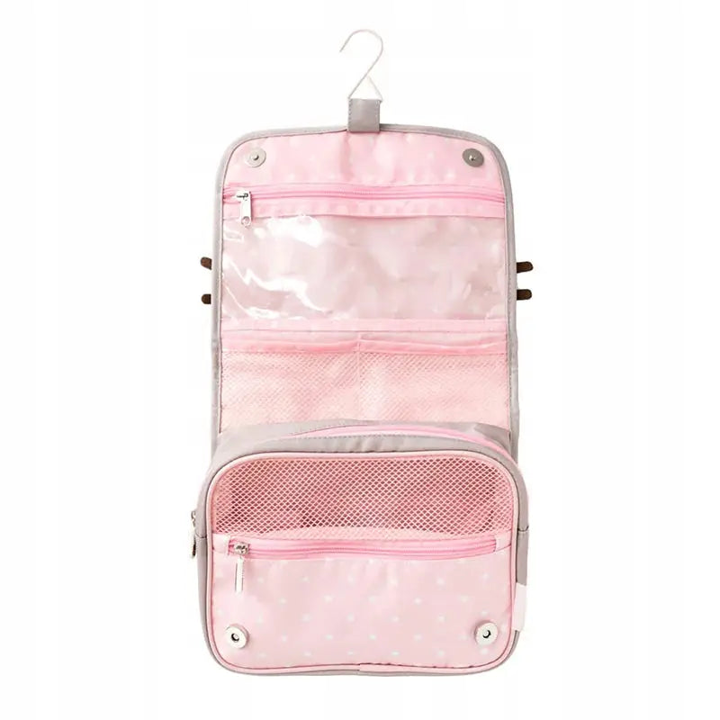 Pusheen Foodie Collection stor toalettmappe, rosa med hvite prikker, lommer og netting, henger på krok.