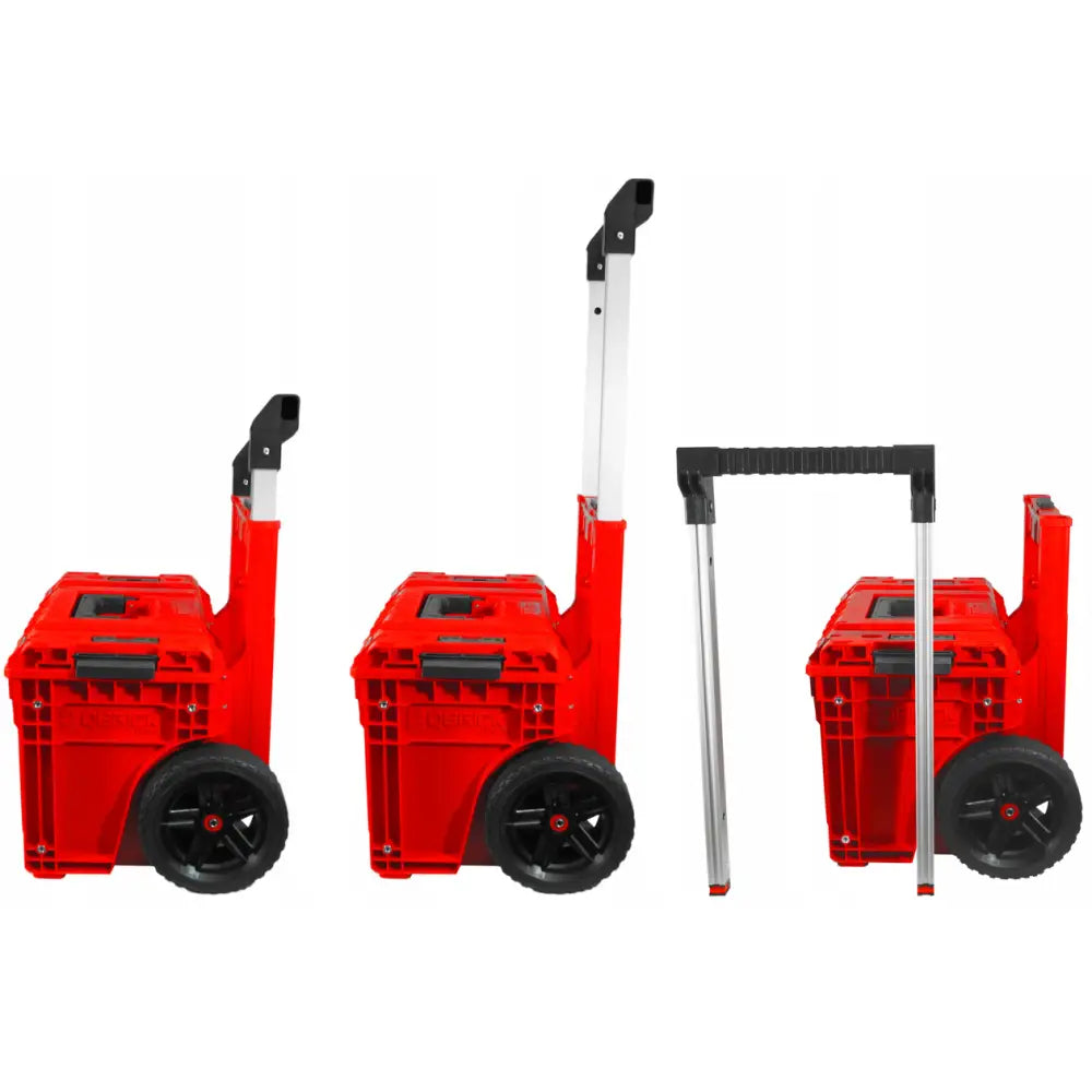Qbrick System Prime Sett 2 Red Ultra verktøykasse sett, sidevisning med teleskophåndtak og avtakbar frontdel.
