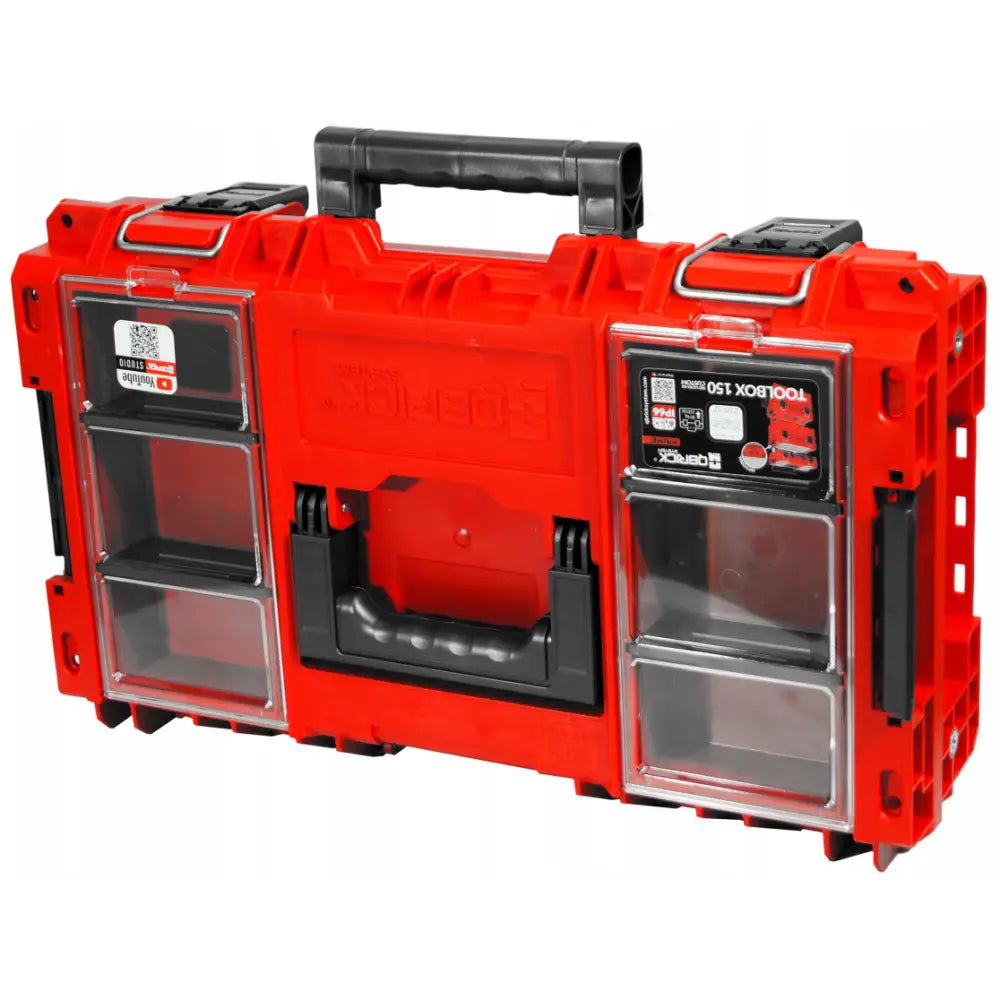 Qbrick System Prime Sett 2 Red Ultra verktøykasse, front- og sideperspektiv med åpne rom og sort håndtak.