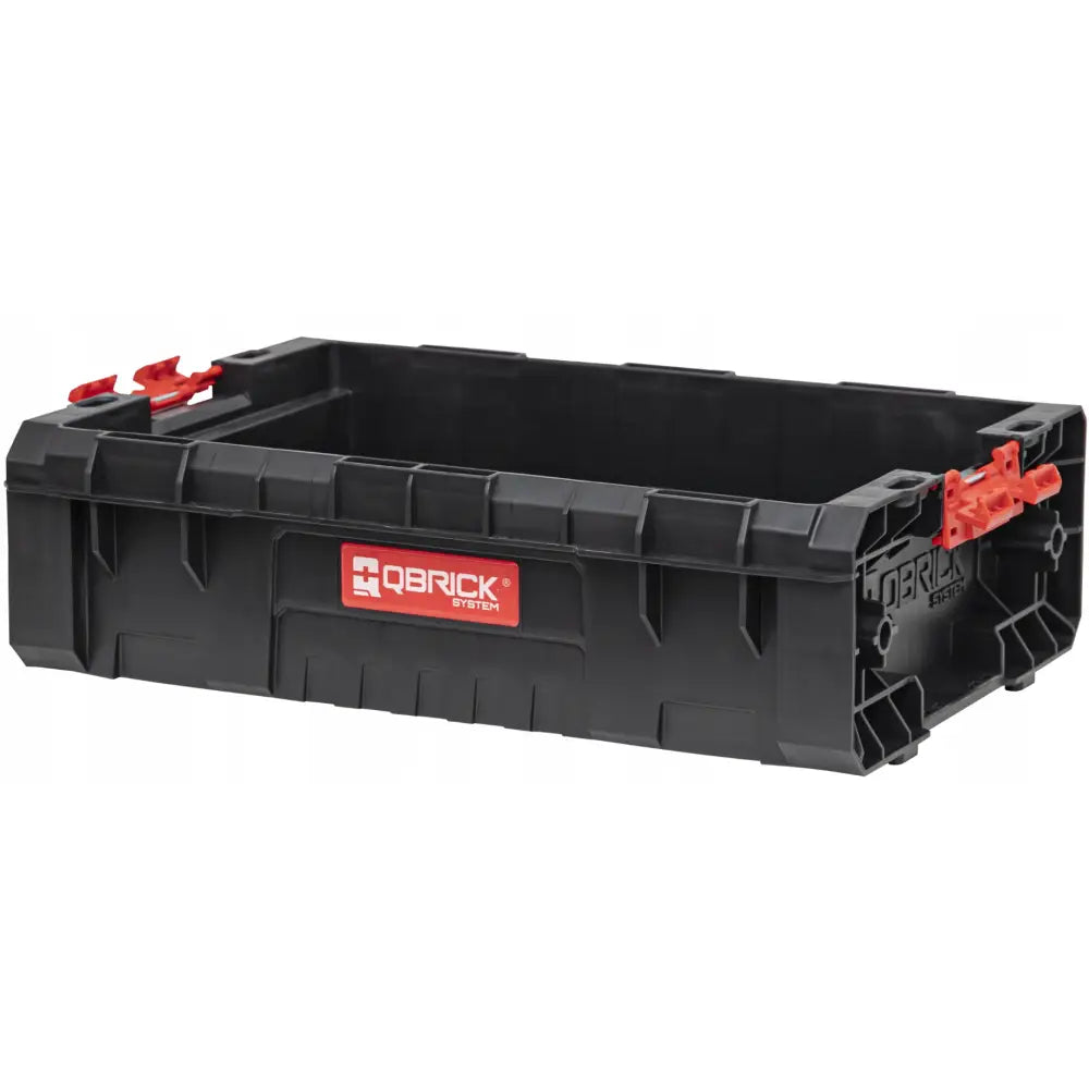 Qbrick System Pro skuffeverksted, skråvisning som fremhever røde festemekanismer og robust plastkonstruksjon.