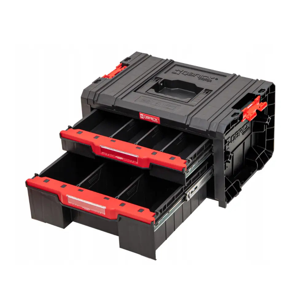 Qbrick System Pro Skuffeverksted Sett 1 Pluss, frontskrått bilde med to uttrekkbare skuffer og røde håndtak.