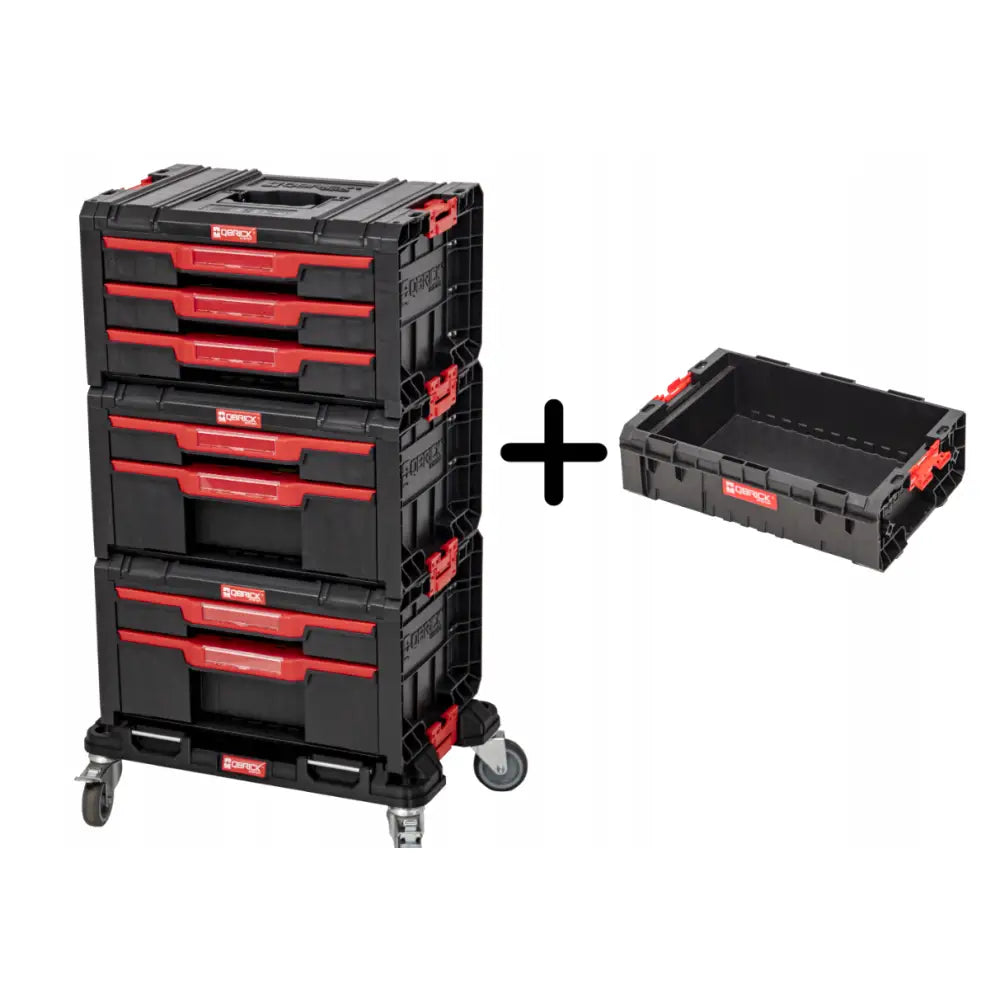 Qbrick System Pro skuffeverksted, sort stablekasse og vogn med hjul, røde detaljer, skrå vinkel.