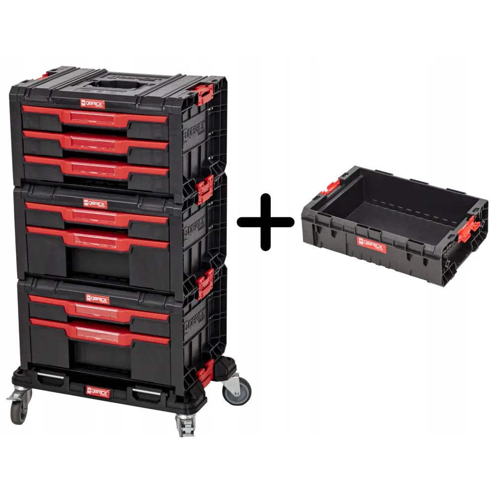 Qbrick System Pro skuffeverksted, stablebart sort og rødt oppbevaringssett med hjul og ekstra løs boks.
