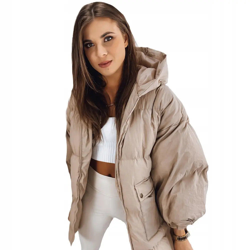 Quiltet Vinterjakke med Hette til Dame - Beige