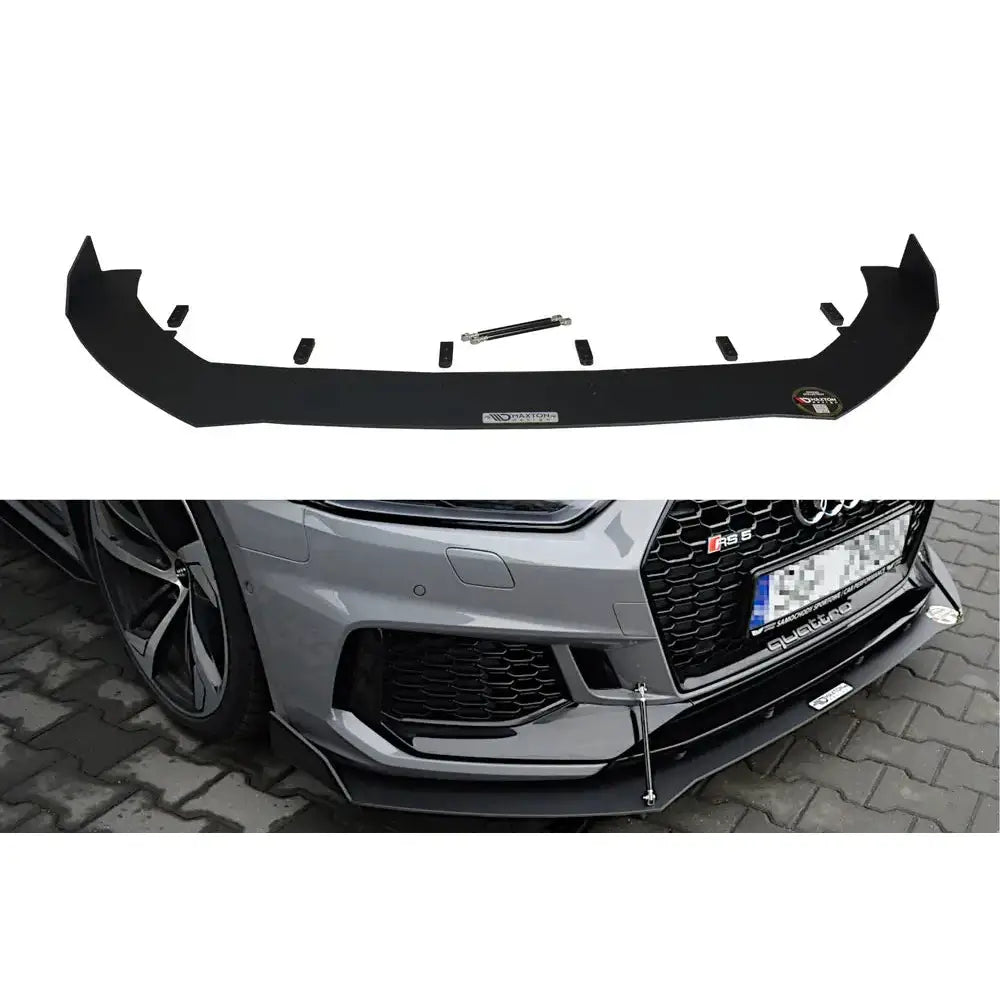 Frontspoiler V.2 Audi Rs5 F5 sort splitter med braketter og stag, montert på grå bil foran.