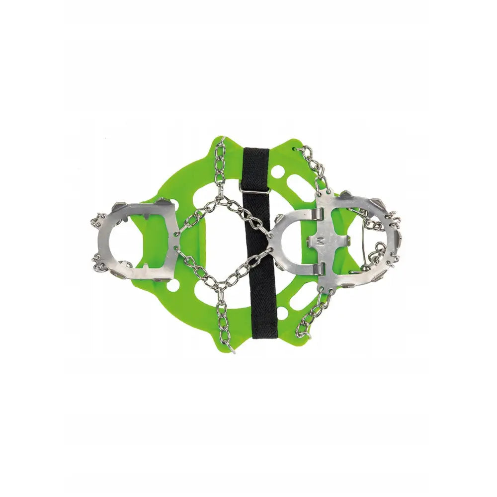 Raczki Climbing Technology Isfeste Plus, grønt broddesystem med metallpigger, kjetting og svart elastisk stropp.