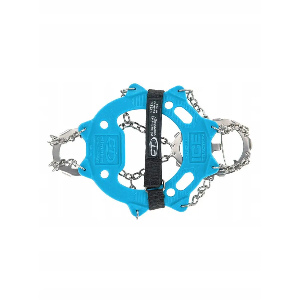 Raczki isbrodder Traction Plus i blått med metallpigger og svart stropp, sett ovenfra.