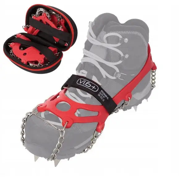 Raczki Pro Traxion brodder XL med røde kjettinger og stålpigger festet på sko, sort rem og etui.