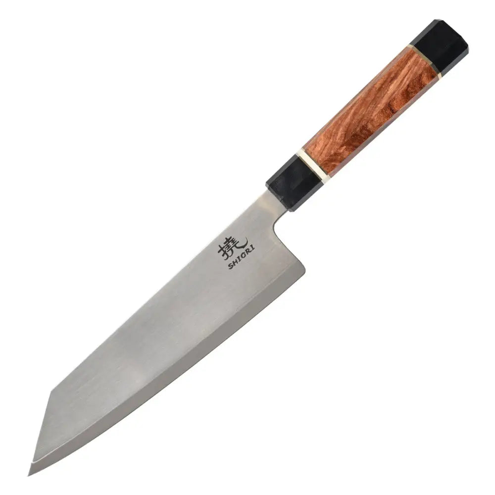 Kokkekniv Shiori Nubari Sifu, bredt blankt blad og brunmønstret håndtak sett fra siden.