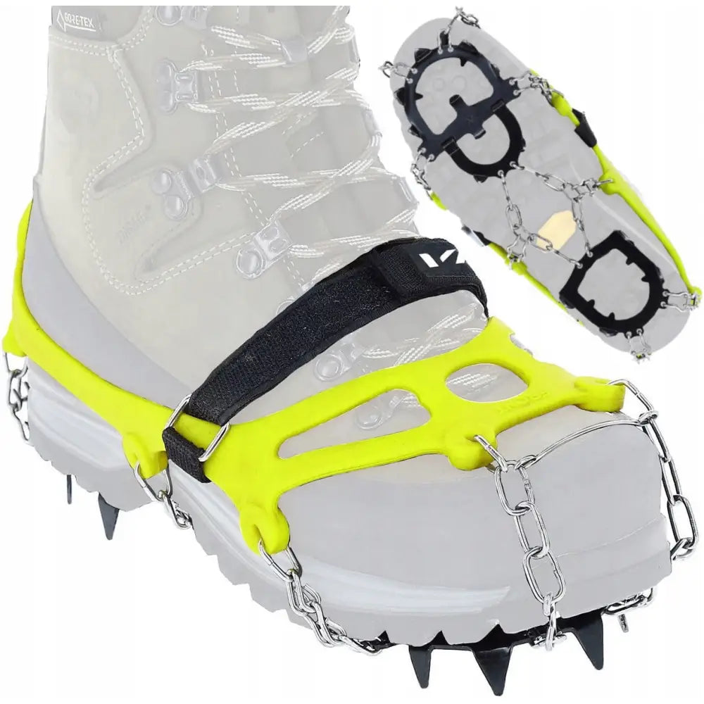 Raki Raczki brodder for sko, gul elastisk gummi med svarte pigger og metall, festet på støvel fra siden.