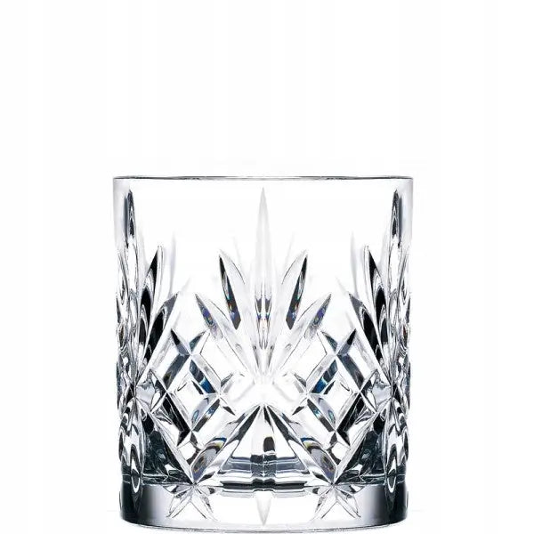 RCR Melodia whiskyglass i krystall, frontvisning som fremhever det slipte mønsteret mot hvit bakgrunn.