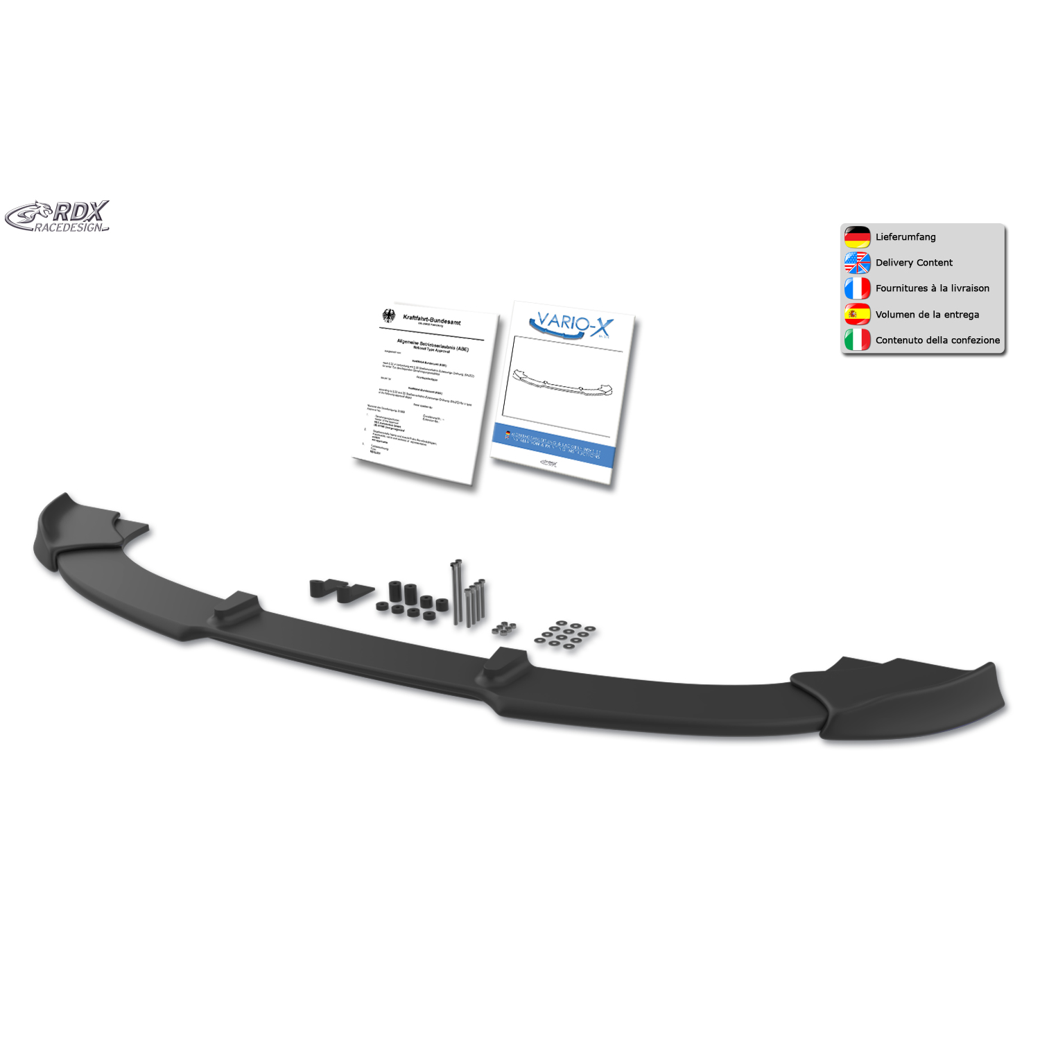 Frontleppe til BMW 3 E92/E93 06-10, svart plast, sett forfra med monteringsdeler og dokumentasjon.