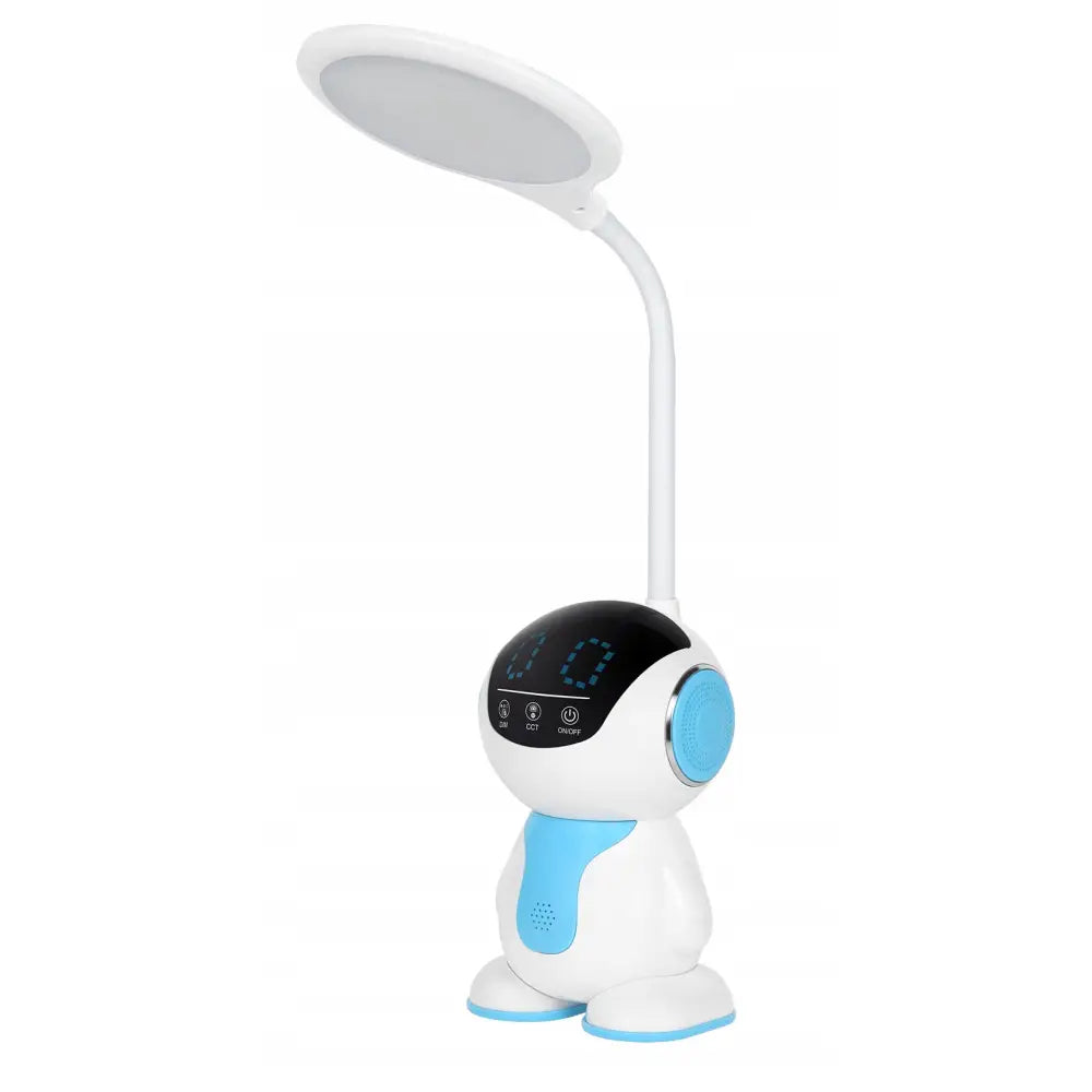 Rebel LED-skrivebordslampe formet som hvit og blå robot, fleksibel hals, digitalt display og høyttaler.