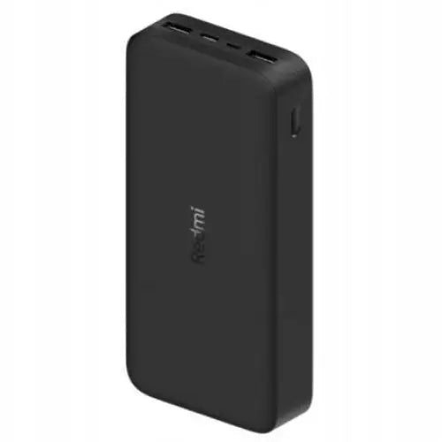 Redmi hurtigladende powerbank 20000 mAh i svart, skrå vinkel med synlige USB-porter og matt overflate.