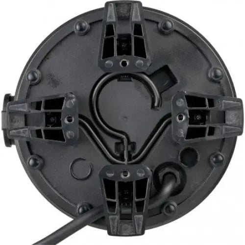 Reflektor LED 360°, toppvisning av svart base med tre klips, strømledning og organiserte kabelspor.