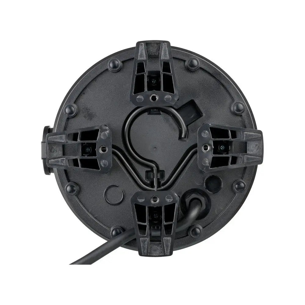 Reflektor LED 360°, svart plastbunn med fire fester, sentrerte riller og utgående ledning fra siden.