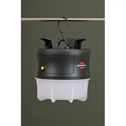 Reflektor LED 360°, frontbilde som viser hengende lampe med krok, knapp og matt plastkuppel nederst.