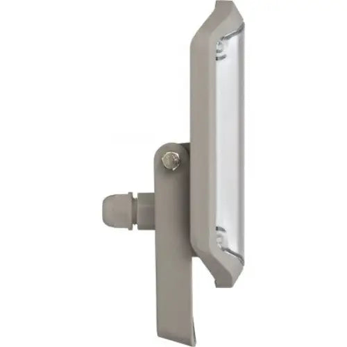 Reflektor LED AL 3000 utendørslampe, sidevisning av flat front og justerbar monteringsbrakett i grått metall.