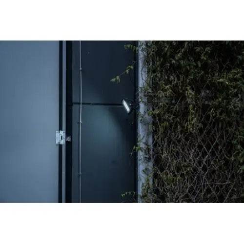 Reflektor LED JARO 14060 montert på mørk vegg, sidevisning i skumring med klatrenett og blader ved siden av.