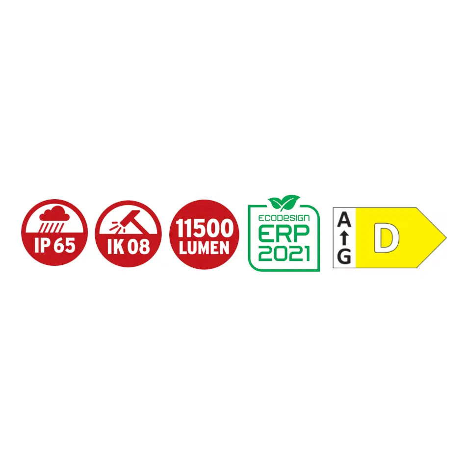 Reflektor LED JARO 14060, piktogrammer for IP65, IK08, 11500 lm, EcoDesign ERP 2021 og energiklasse D.