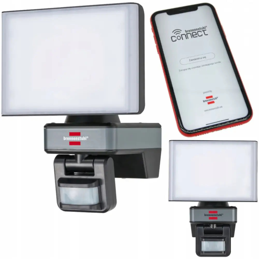 Reflektorlampe LED Wifi, utendørs modell i grå og svart med bevegelsessensor og appstyring via smarttelefon.