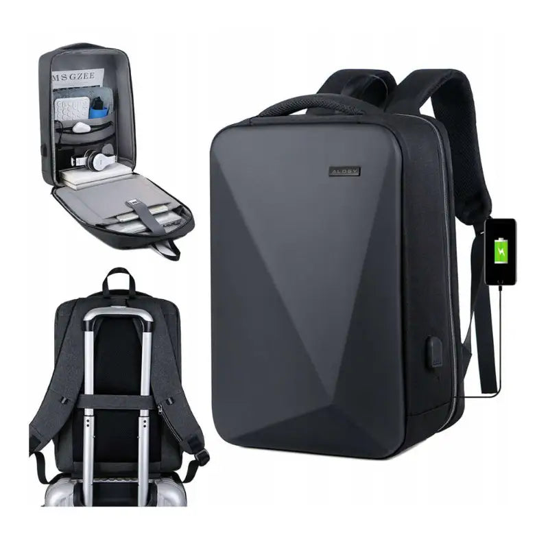 Reise ryggsekk med svart, hard front, USB-port og organiseringslommer, vist åpen og fra ulike vinkler.