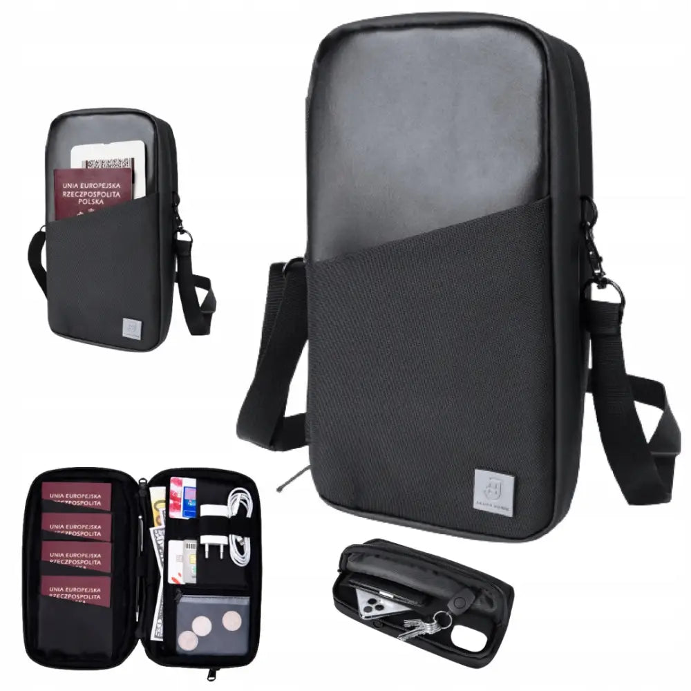 Reiseorganisator for dokumenter og elektronikk, sort veske med glidelås og flere innvendige lommer.