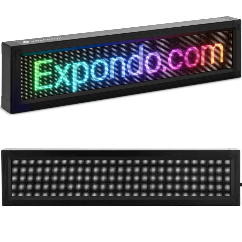 LED reklameskilt med sort ramme, front- og skråvisning, skjerm med fargerik lysende tekst.