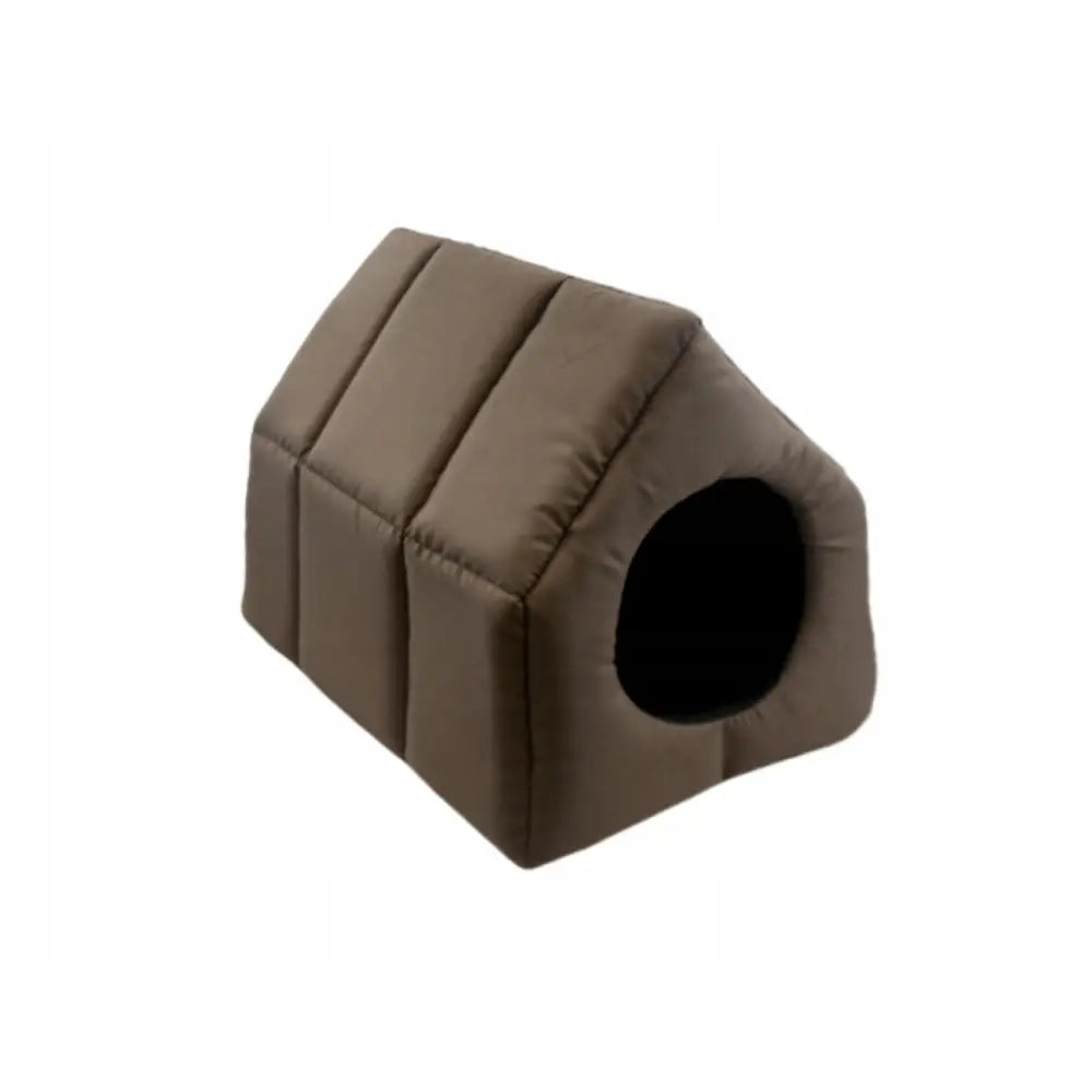 Rektangulært katt hus seng skur størrelse 3 i mørkebrun polstring, sett skrått med rund inngang foran.