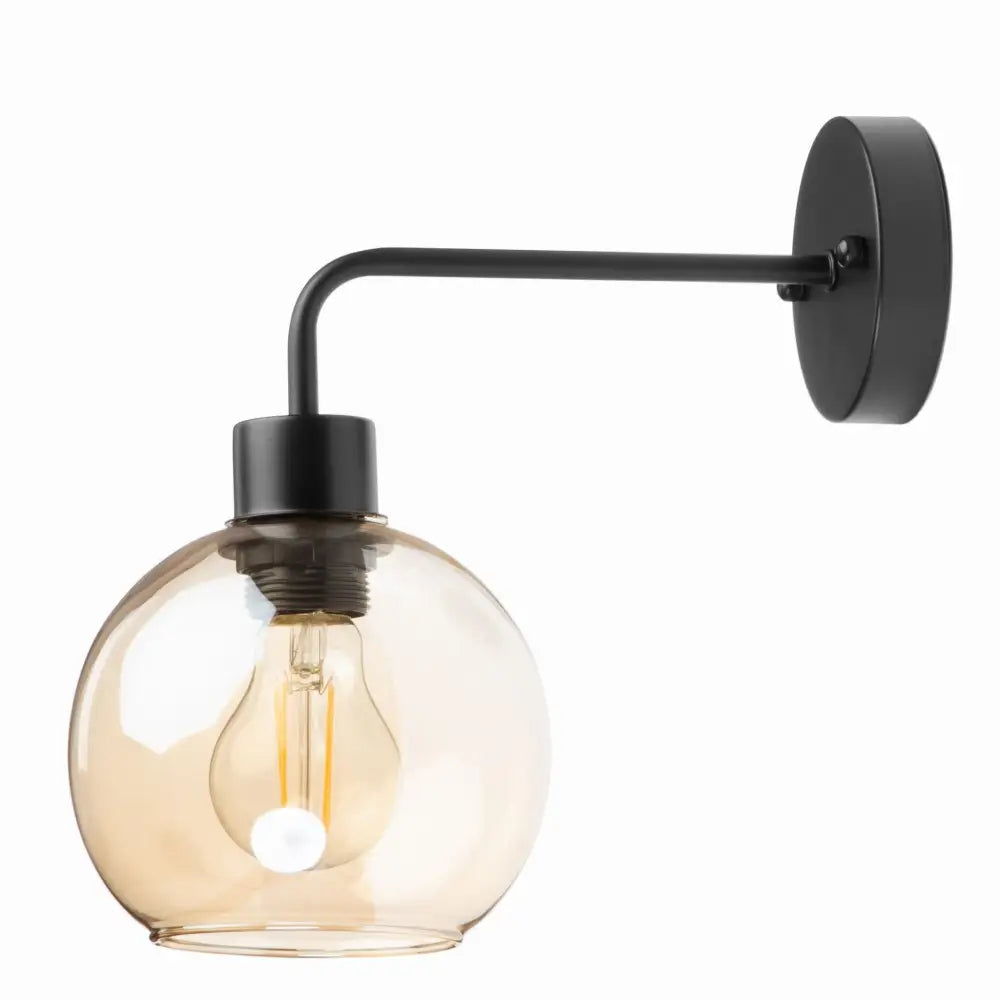 Retro Venus vegglampe med sort metallbase og ravfarget glasskuppel, sideprofil med synlig lyspære.