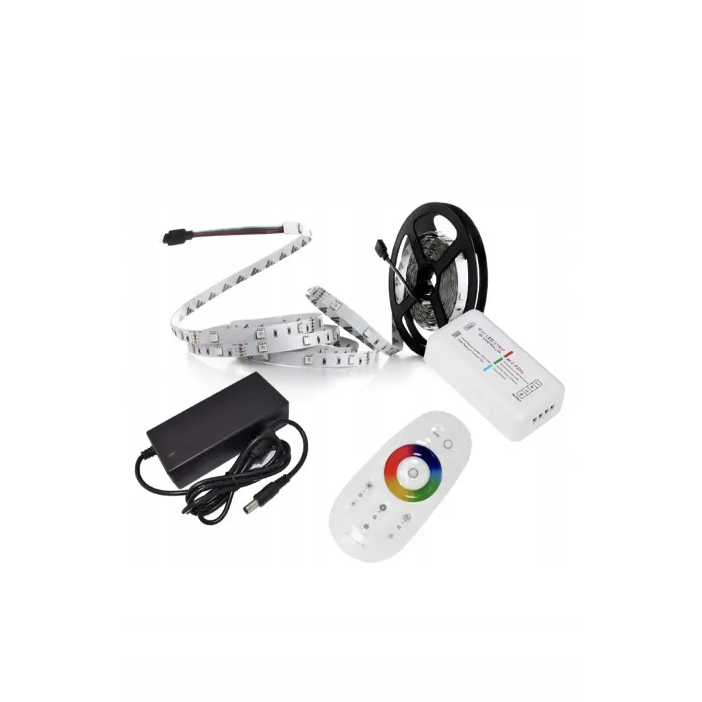 RGB + hvit 5050 LED-strip på rull med sort strømforsyning, touch fjernkontroll og styringsenhet.
