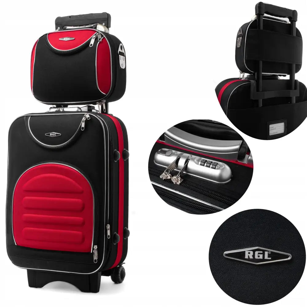 Rgl 2-i-1 reisesett med liten svart og rød trillekoffert, matchende veske og sølvfargede glidelåser.