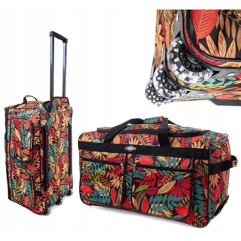 Rgl 250L reisebag med hjul, stort fargerikt bladmotiv, flere frontlommer og nærbilde av solide hjul.