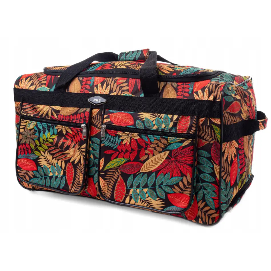 Rgl 250L reisebag med hjul, sidevisning av fargerikt bladmotiv og to store utvendige lommer.