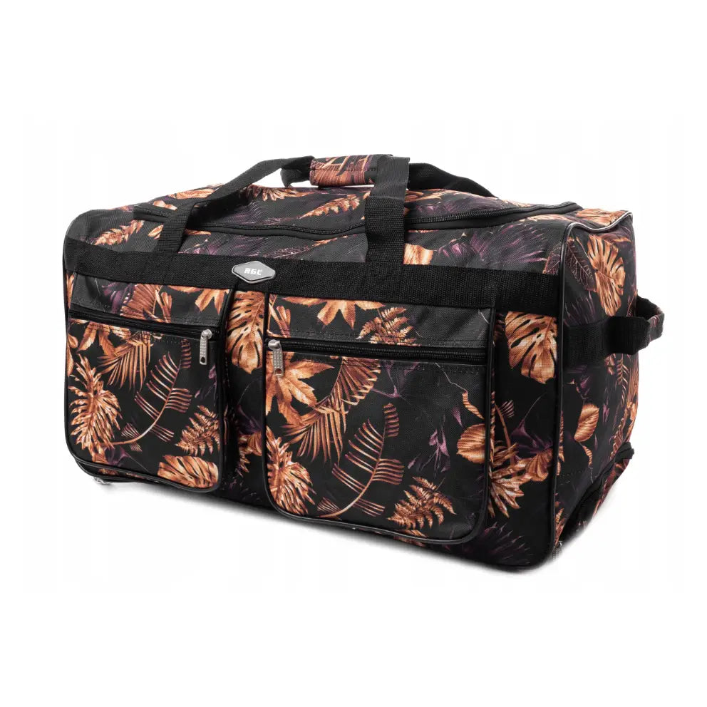 Rgl 250L reisebag med hjul, sidevisning som fremhever bladmønster, glidelåslommer og bærehåndtak.