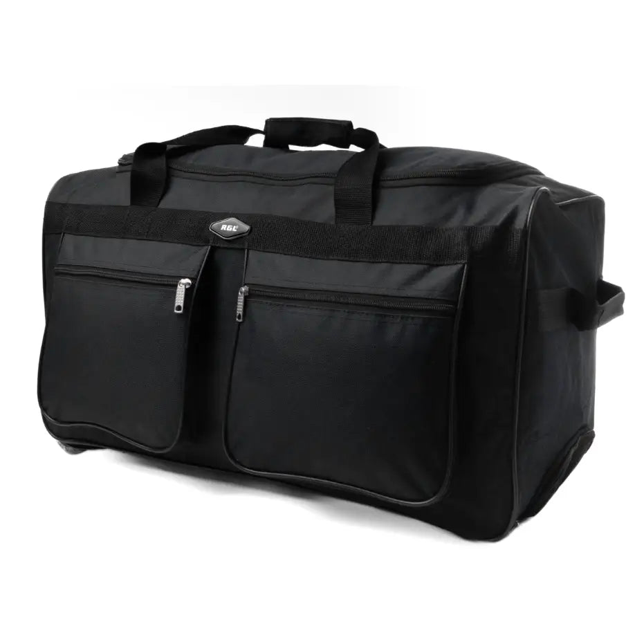 Rgl 250L reisebag med hjul, skrå vinkel viser to glidelåslommer foran og bærehåndtak på topp og side.
