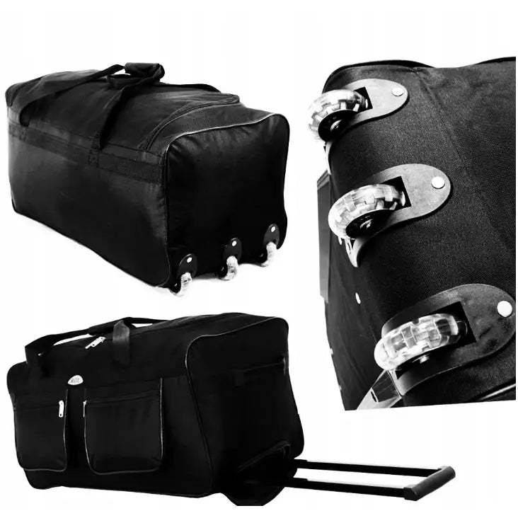 Rgl 250L reisebag, nærbilde av solide glidelåslommer, utsvingbart drahåndtak og tre robuste hjul.