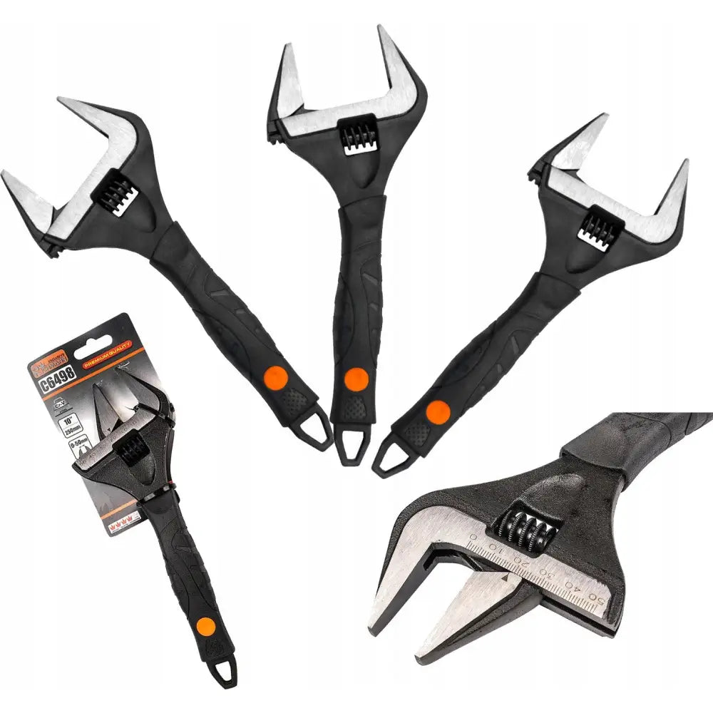 Richmann justerbare skiftenøkler i matt stål og sort plast med oransje detaljer, sett fra flere vinkler med emballasje.