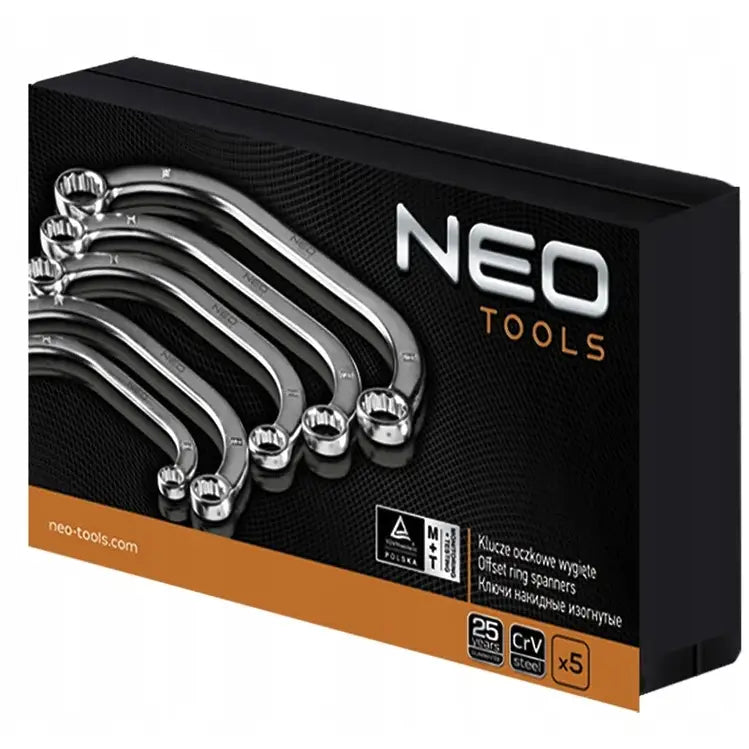 Ringnøkler 9-22 mm, sett med fem kromnøkler vist på eske med tydelig logo og produktinfo i oransje og hvitt.