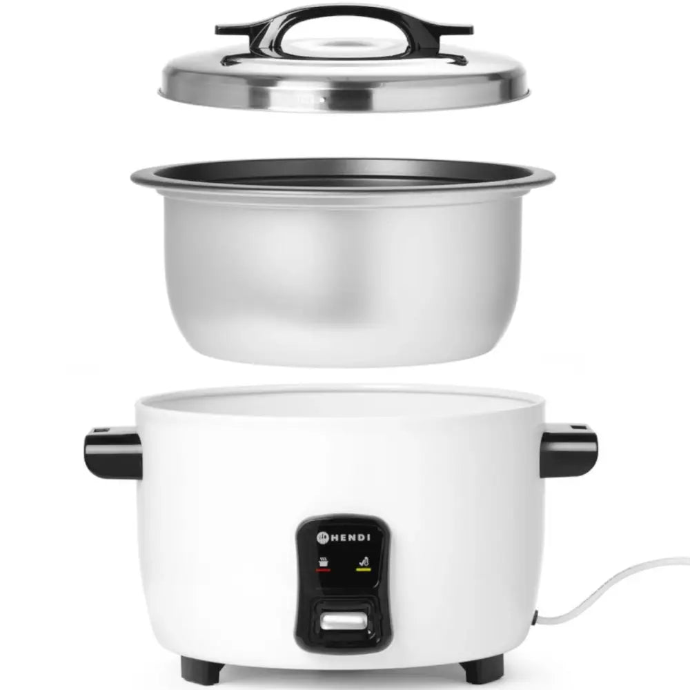 Ris- og kornkoker 4,2L, eksplodert visning av hvit base, innvendig metallgryte og lokk med svarte håndtak.